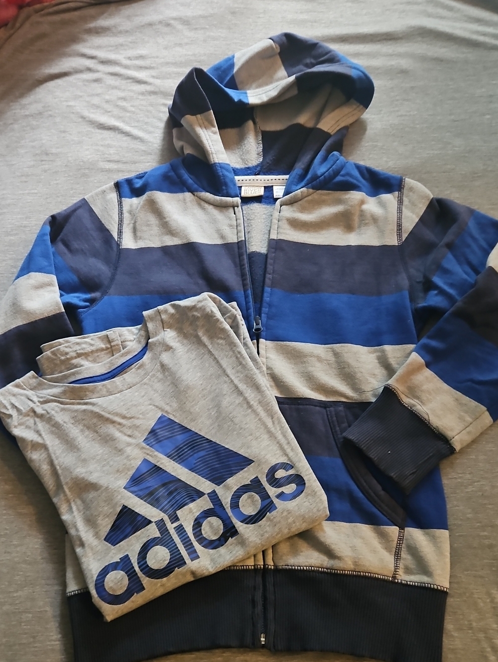 Kids Adidas Blue & Gray Striped Zip Hoodie with Matching Logo Tee